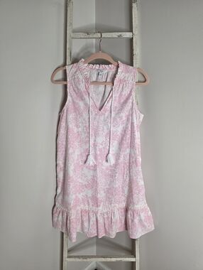Crown & Ivy Women Medium Linen Blend Pink White Floral Sleeveless Peasant Dress